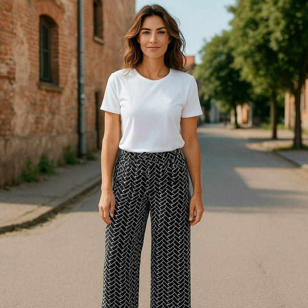 Cynthia Rowley Womens Medium Black White Geometric Wide Relax Leg Pull On Pants